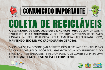 Cronograma de rotas da coleta dos materiais recicláveis continua o mesmo, após nova empresa terceirizada assumir no 1º de setembro, 