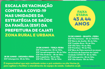 Departamento de Saúde de Cajati começa a vacinação da faixa etária de 43 e 44 anos nesta segunda-feira