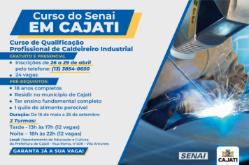 Cajati abre inscrições para o curso de Qualificação Profissional de Caldeireiro Industrial