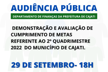 Departamento de Finanças da Prefeitura de Cajati realiza Audiência Pública nesta quinta-feira, 29 de setembro