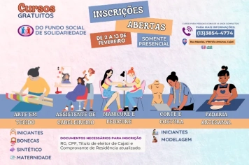 Inscrições presenciais abertas para os cursos gratuitos do Fundo Social de Solidariedade de Cajati