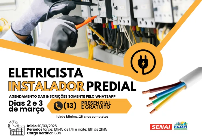 Inscrições abertas para o Curso de Eletricista Instalador Predial do SENAI em Cajati