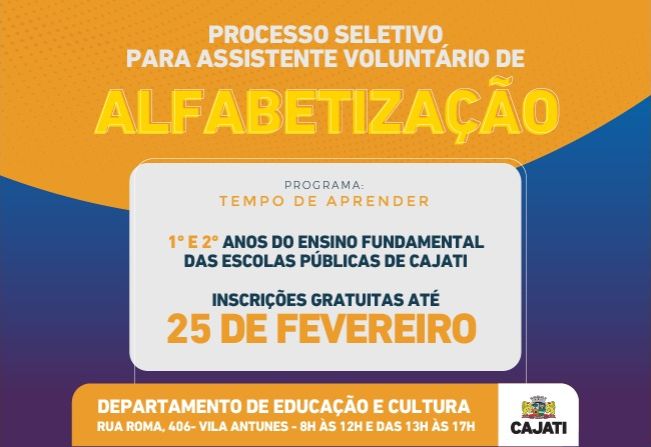 Prefeitura de Cajati realiza processo seletivo para assistente voluntário de alfabetização