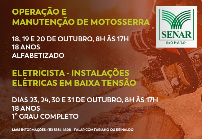 Inscrições abertas para o cursos de Operação e Manutenção de Motosserra e Eletricista no Senar-AR/SP