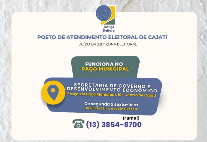 O Posto de Atendimento Eleitoral agora atende no Paço Municipal, na Secretaria de Governo e Desenvolvimento Econômico