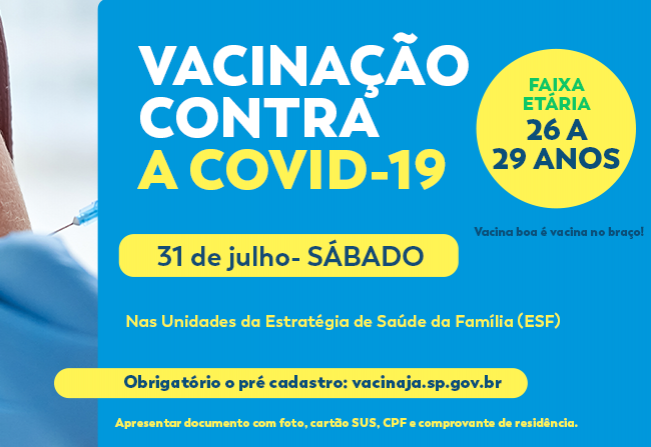 Campanha de vacinação contra a Covid-19 acontece em Cajati neste sábado, 31 de julho