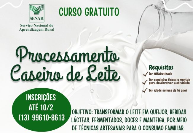 Prefeitura de Cajati abre inscrição para Processamento Caseiro de Leite do SENAR