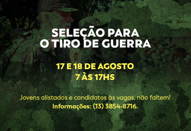 Seleção para o Tiro de Guerra em Cajati acontecerá nos dias 17 a 18 de agosto