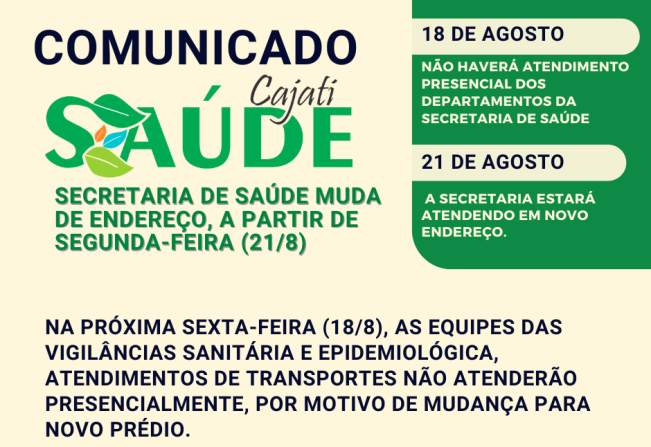 Secretaria de Saúde a partir de segunda-feira (21/8), atenderá em novo endereço
