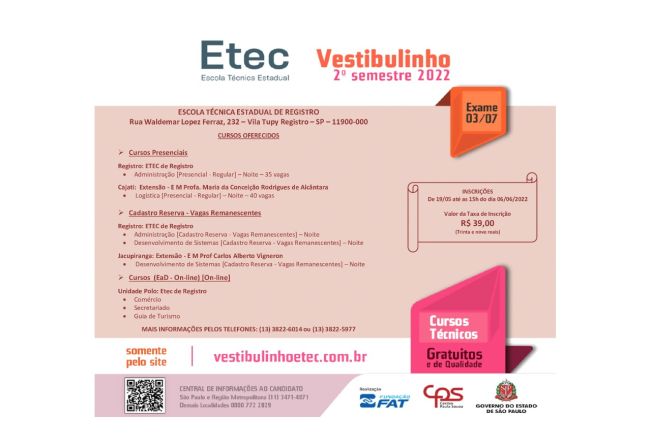 Etec abre inscrição para o curso de Logística em Cajati