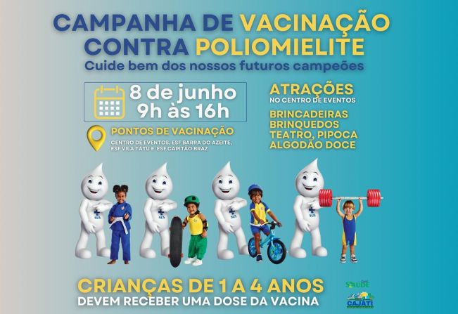 A Campanha de Vacinação contra Poliomielite realizada pela Secretaria de Saúde do Município acontecerá no próximo sábado, dia 8 de junho