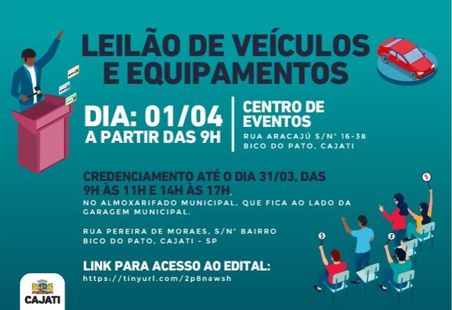 Prefeitura de Cajati realiza leilão de veículos e equipamentos no dia 1º de abril